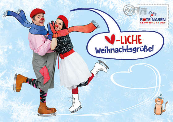 Zwei Clowns sind zu sehen mit winterlichem Gewand. Darunter der Schriftzug Herzliche Weihnachtsgrüße